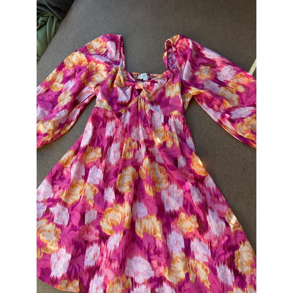 Loft Pink Orange‎ Ikat Floral Empire Waist Puff Sleeve Mini Dress Small